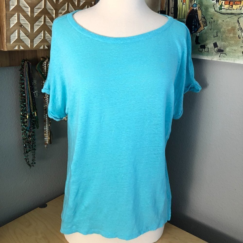 Charter Club Luxury Linen Top Women's size M Aqua Blue Short Sleeve NEW